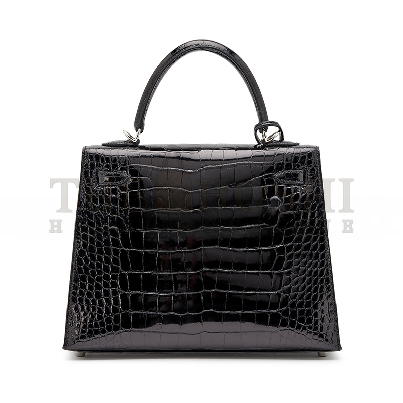 H**me5 MASTER BLACK SHINY ALLIGATOR KELLY 25 SELLIER PALLADIUM HARDWARE (25*17*7cm) Master Quality